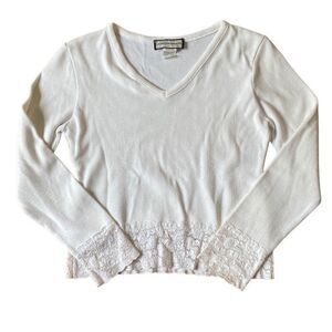Vtg 90s Great American Sweater Co White V neck crop knit lace GAS Medium
